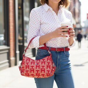 TOMMY purse handbag red fabric vegan faux leather logo